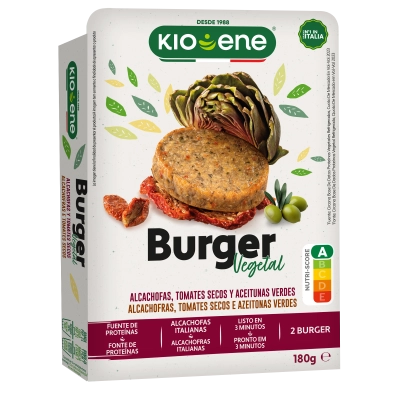 Burger vegetal con alcachofas, tomates secos y aceitunas verdes