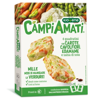 Quadratino con carote, cavolfiore, edamame e salsa di soia