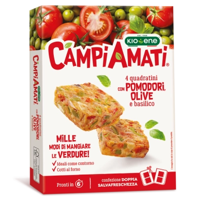 Quadratino con pomodori, olive e basilico